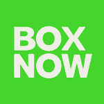 BOX NOW λογότυπο σε πράσινο τετράγωνο με λευκά γράμματα.