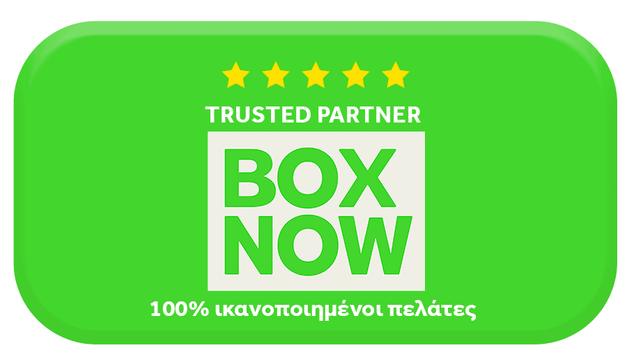 Σήμα BOX NOW Trusted Partner με πέντε αστέρια και την ένδειξη «100% ικανοποιημένοι πελάτες».